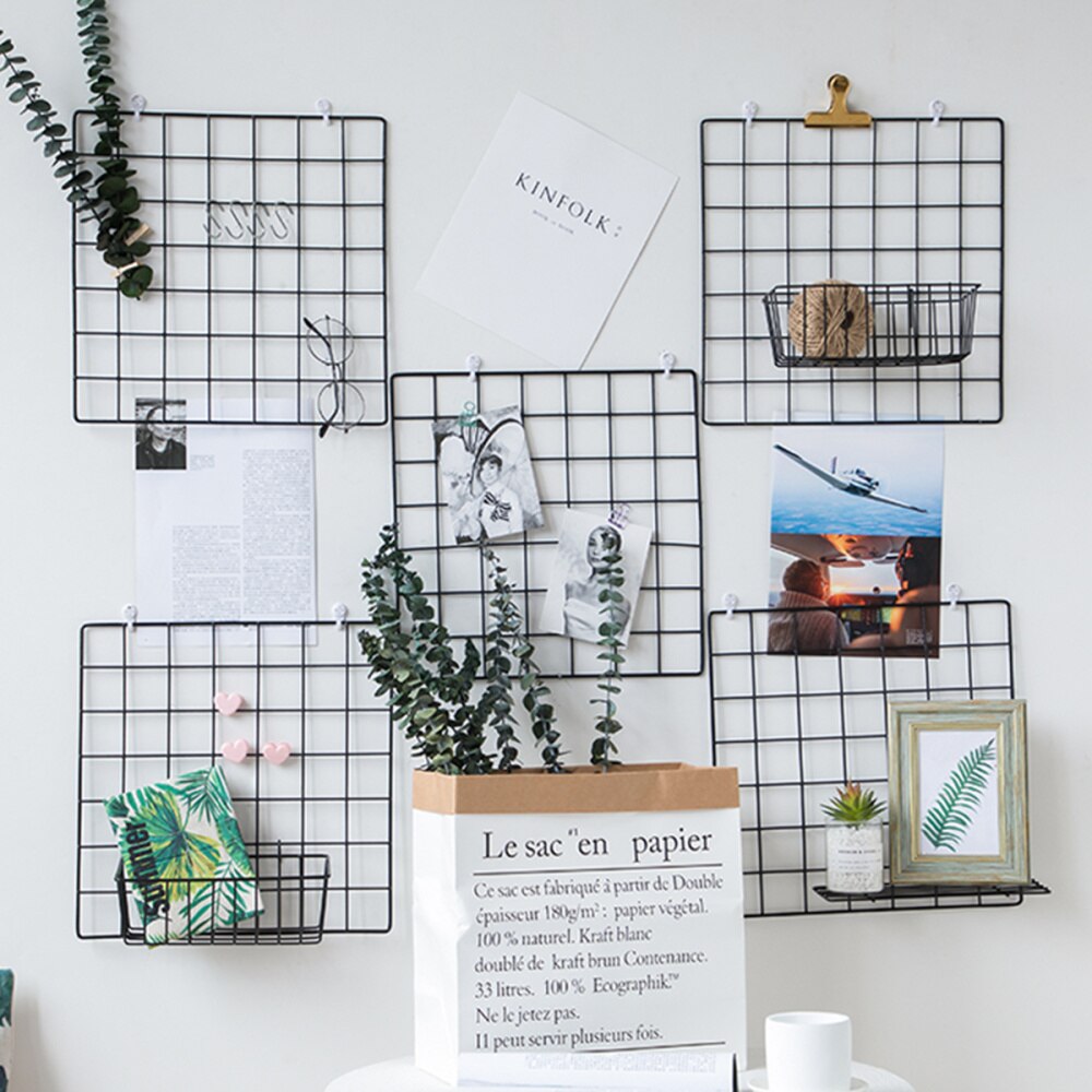 Hanging Photo Frame Metal Wall Mesh Grid Bedroom Living Room Iron Multi-Frame Photos Storage Rack Home DIY Decoration (Black)