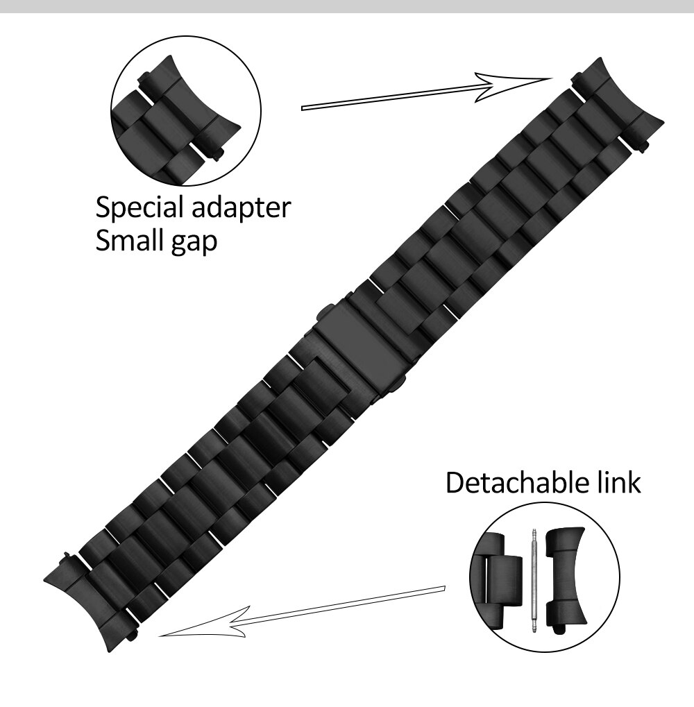 HQ Edelstahl Armband für Samsung Galaxy Uhr 46mm SM-R800 Sport Band Curved End Strap Handgelenk Armband Silber Schwarz