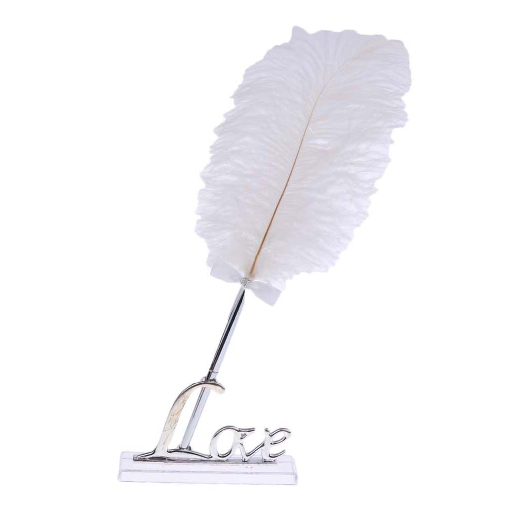 Pluma de firma de libro de invitados pluma blanca de boda con soporte de amor dorado