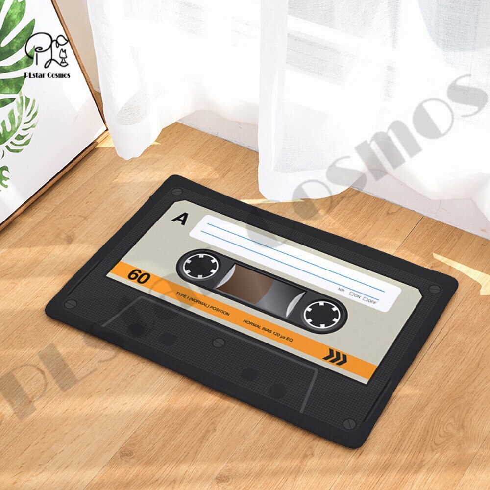 Felpudo Retro de Cassette con cinta musical para porche, alfombra antideslizante para sala de estar, cocina, baño, felpudo impreso en 3D-1: Negro