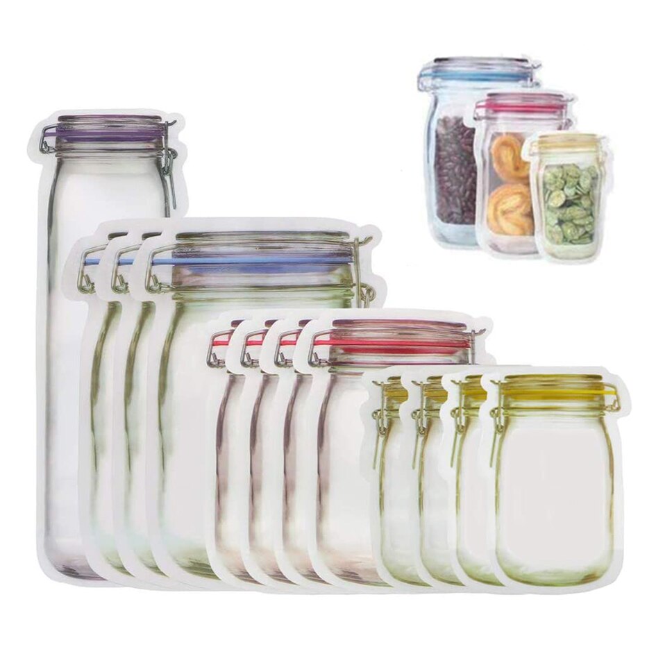 Mason Jar-bolsas de almacenamiento con forma de tarro, para aperitivos, galletas, dulces, frescas, con cierre y cremallera, organizador de pie
