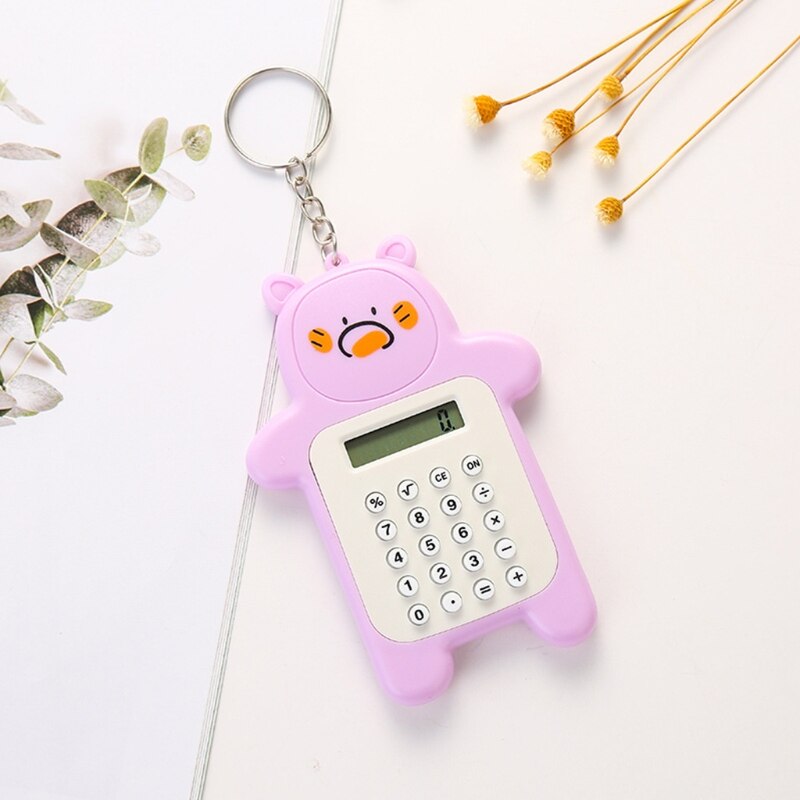 Portable Cute Cartoon Calculator Mini Bear Calculator 8 Digits Display with Keychain Button Battery Pocket Size Calculator