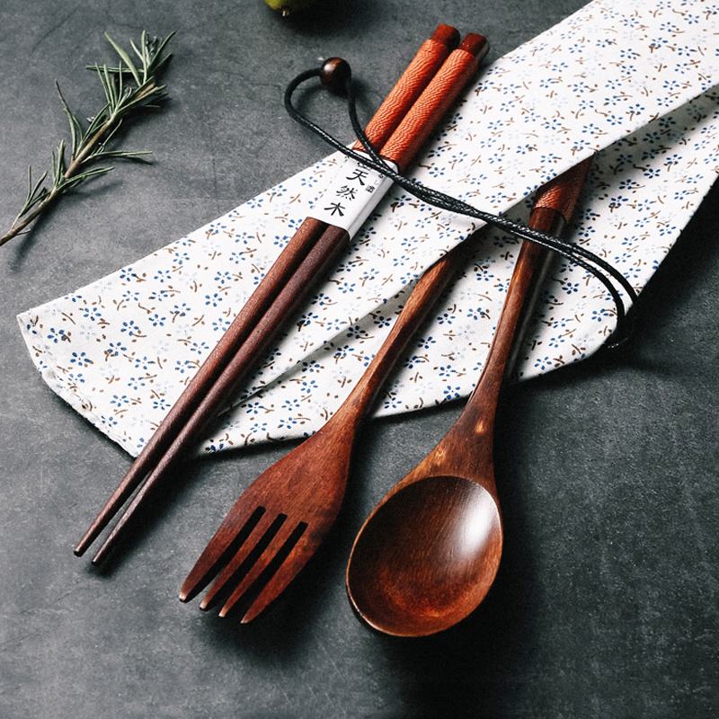 Houten Lepel Vork Eetstokjes Set Draagbare Outdoor Bestek Set Japanse Stijl Servies Set Lange Steel Lepel Houten Servies