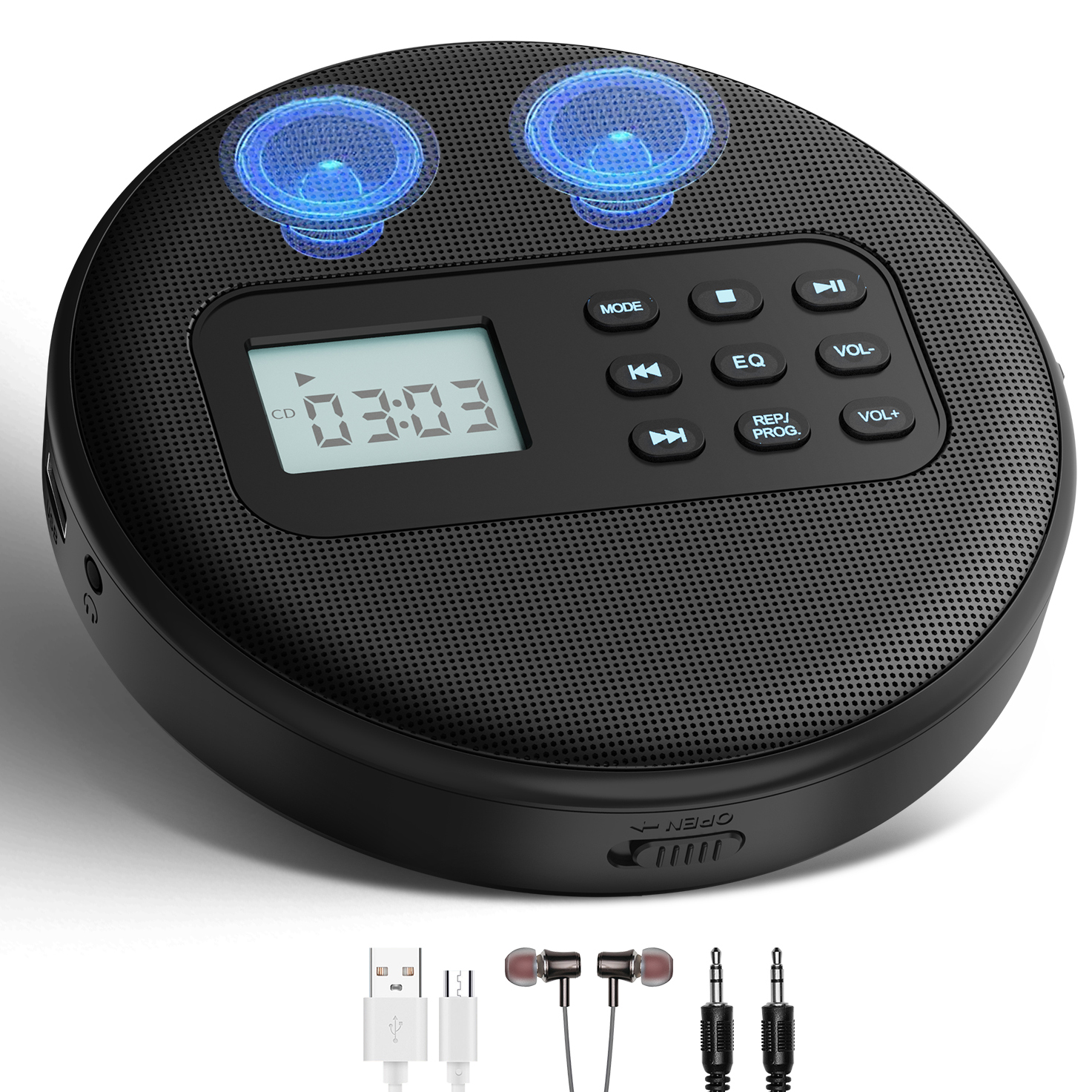 Portable cd player with speakers and earbuds walkman cd player rechargeable with USB MP3 discman for car with audio cable