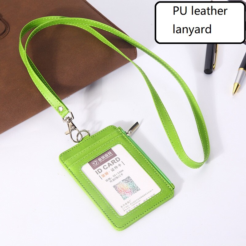 Pu Lederen Id Badge Houder Met Rits Porte Bus Pass Case Cover Slip Mannen Vrouwen Bank Credit Card Houder met Polyester Lanyard: Green PU leather