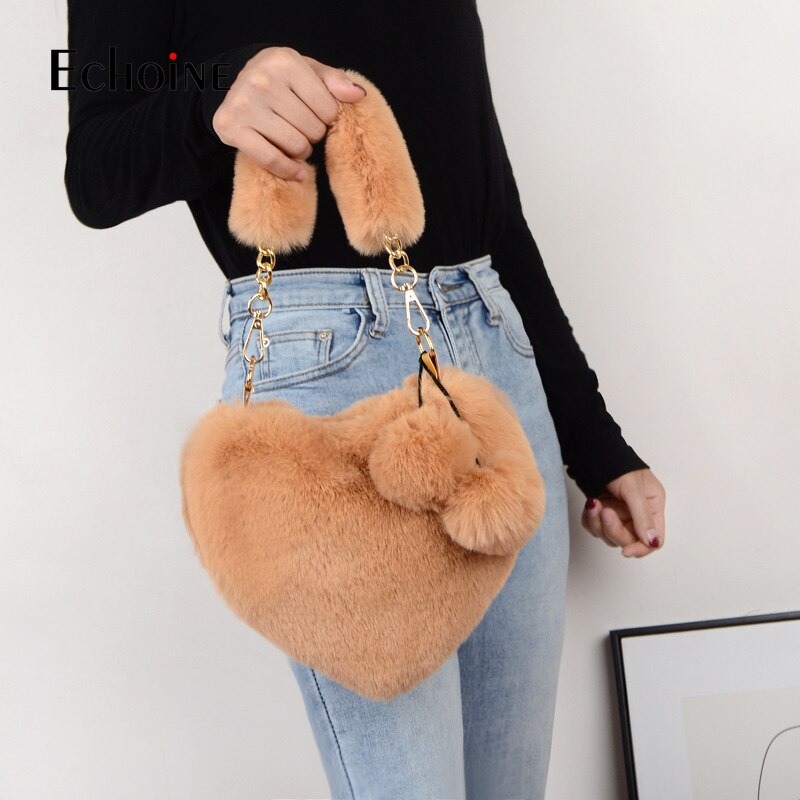 Echoine Frauen Winter Faux Pelz Handtasche Dame Herz Form Hand Tasche Weibliche Telefon Geldbeutel Teenager Mädchen Partei Tote taschen