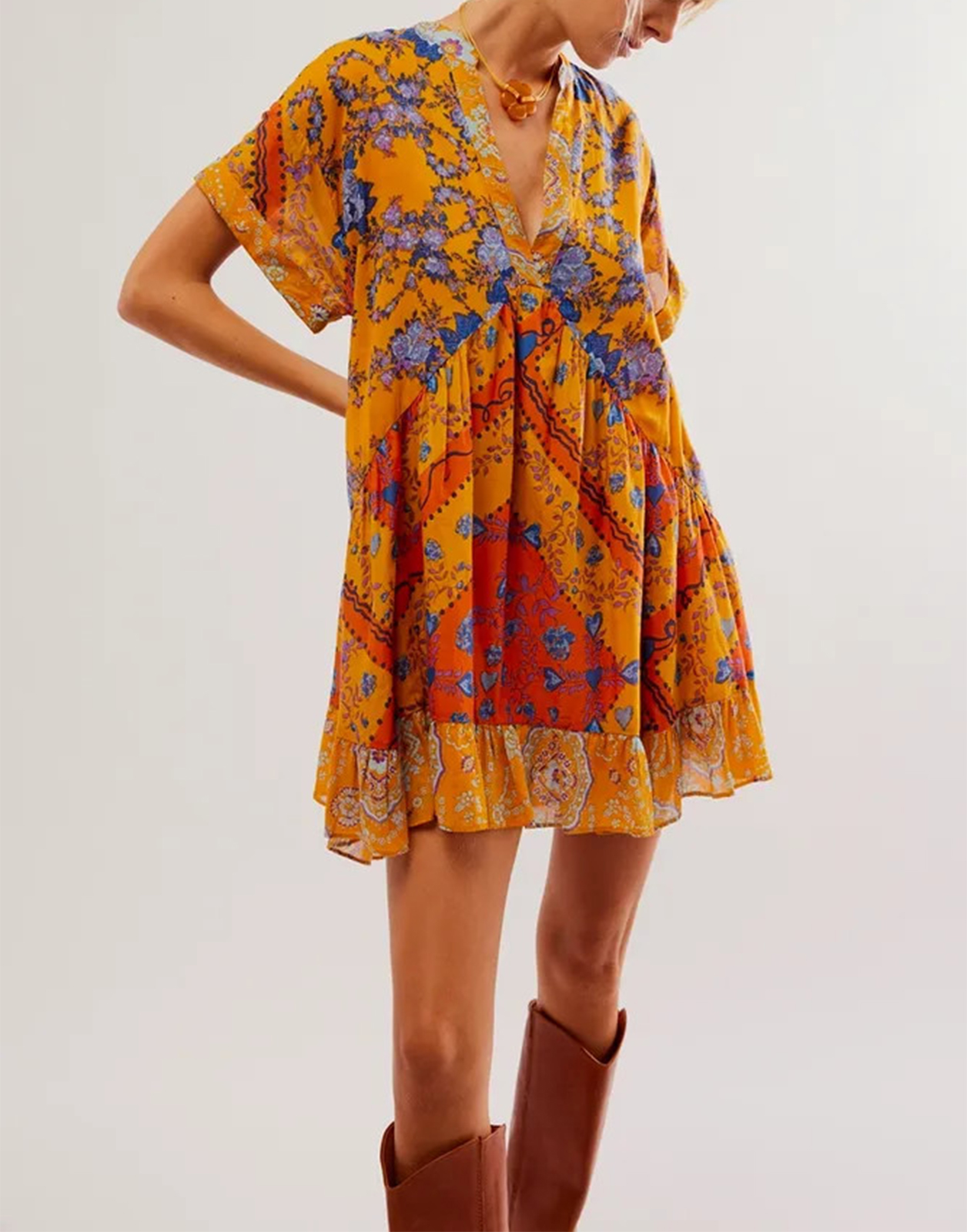 Kvinners sommer babydoll-kjole bohemsk blomstertrykk kortermet v-hals flagrende kjole med lommer fritids-retro: S / Fluorescein