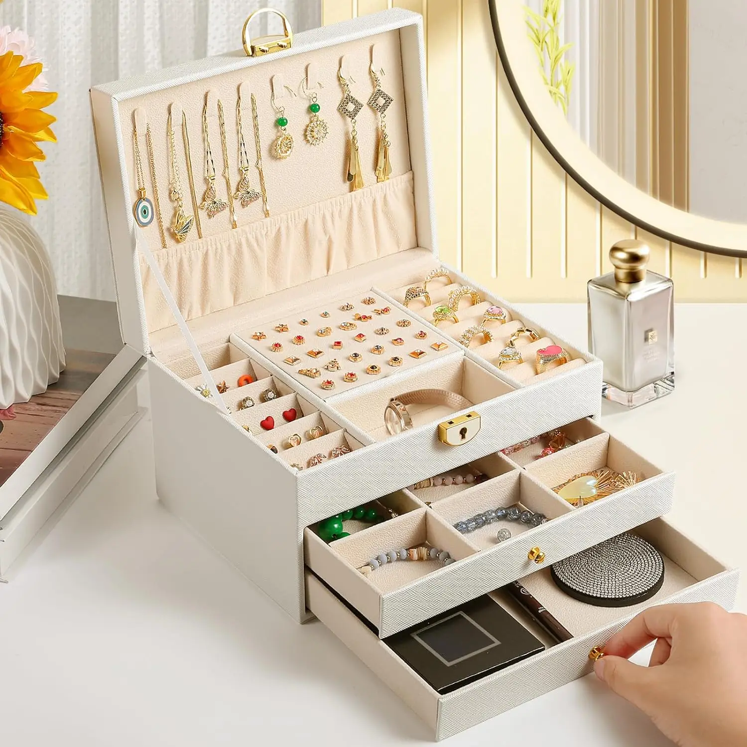 3-layer Jewelry Box with Drawer Lockable Jewelry Rack Storage, Large Jewelry Box Storage with Velvet Earring Storage,
