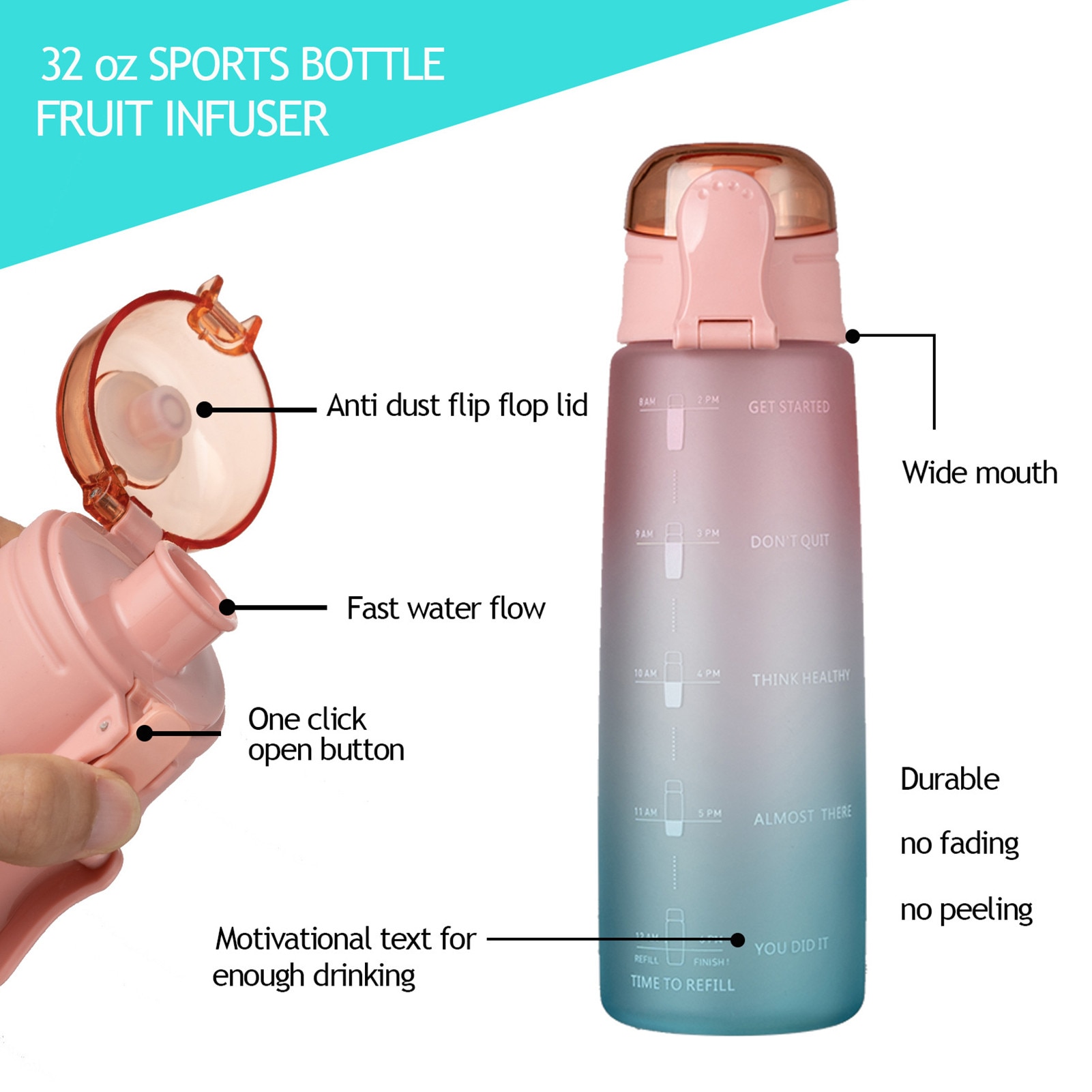 Botellas de agua con capacidad de 32Oz, con marcador de tiempo, a prueba de fugas, para deporte, gimnasio, Fitness, Tritan, coctelera para bebidas, libre de BPA