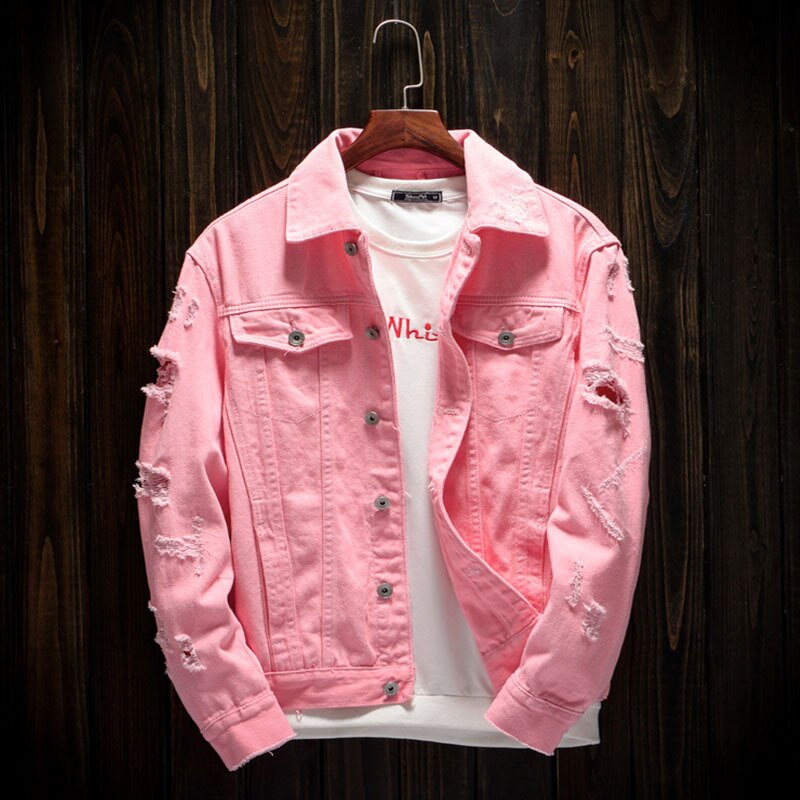 Chaquetas vaqueras rosadas para hombre, abrigos de mezclilla, nuevas chaquetas vaqueras para primavera y otoño, Jena con agujeros para hombre, Chaquetas vaqueras ajustadas para hombre, tallas 3XL: 4XL
