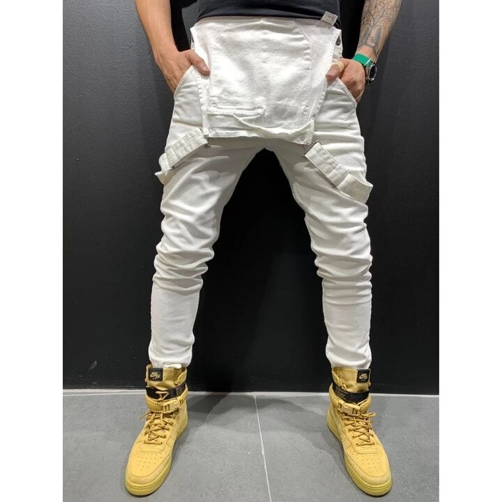 Stil herre ripped jeans jumpsuits hi street distressed denim hagesmæk overalls til mænd selebukser: Hvid / M