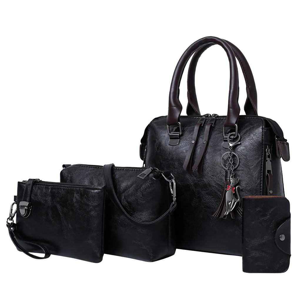 4 stk/sæt komposittasker til kvinder dame håndtasker pu læder skuldertasker mulepose bolsa  #t2g: Sort