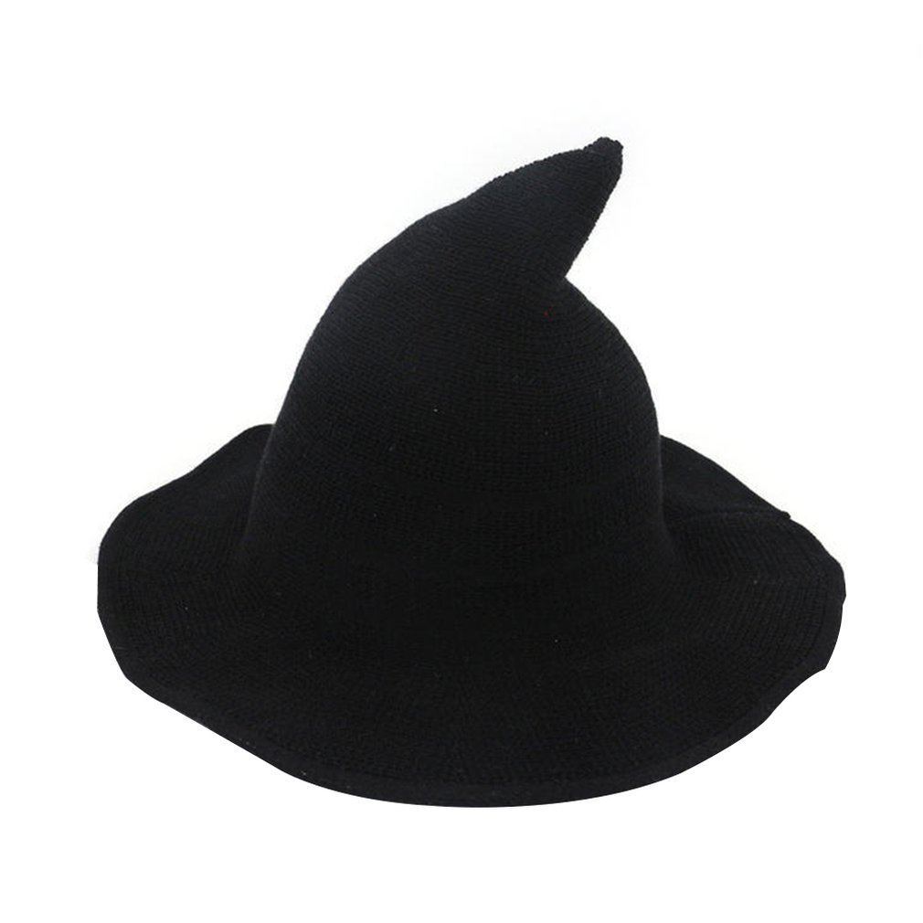 Hat Female Korean Version Of The Witch Hat Spire Big Hat Cotton Yarn Knit Witch Hat Hat Foldable Basin Hat Fisherman Hat: BLACK