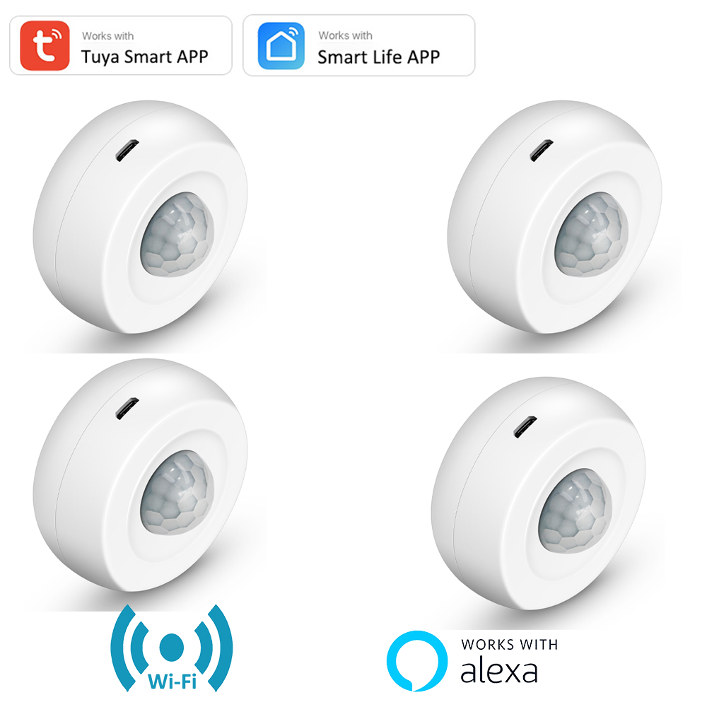 Tuya USB Powered PIR Motion Sensor Detector 360° Detection WIFI Movement Sensor Smart Life APP Home Security Alexa Routine Set: 4 PCS