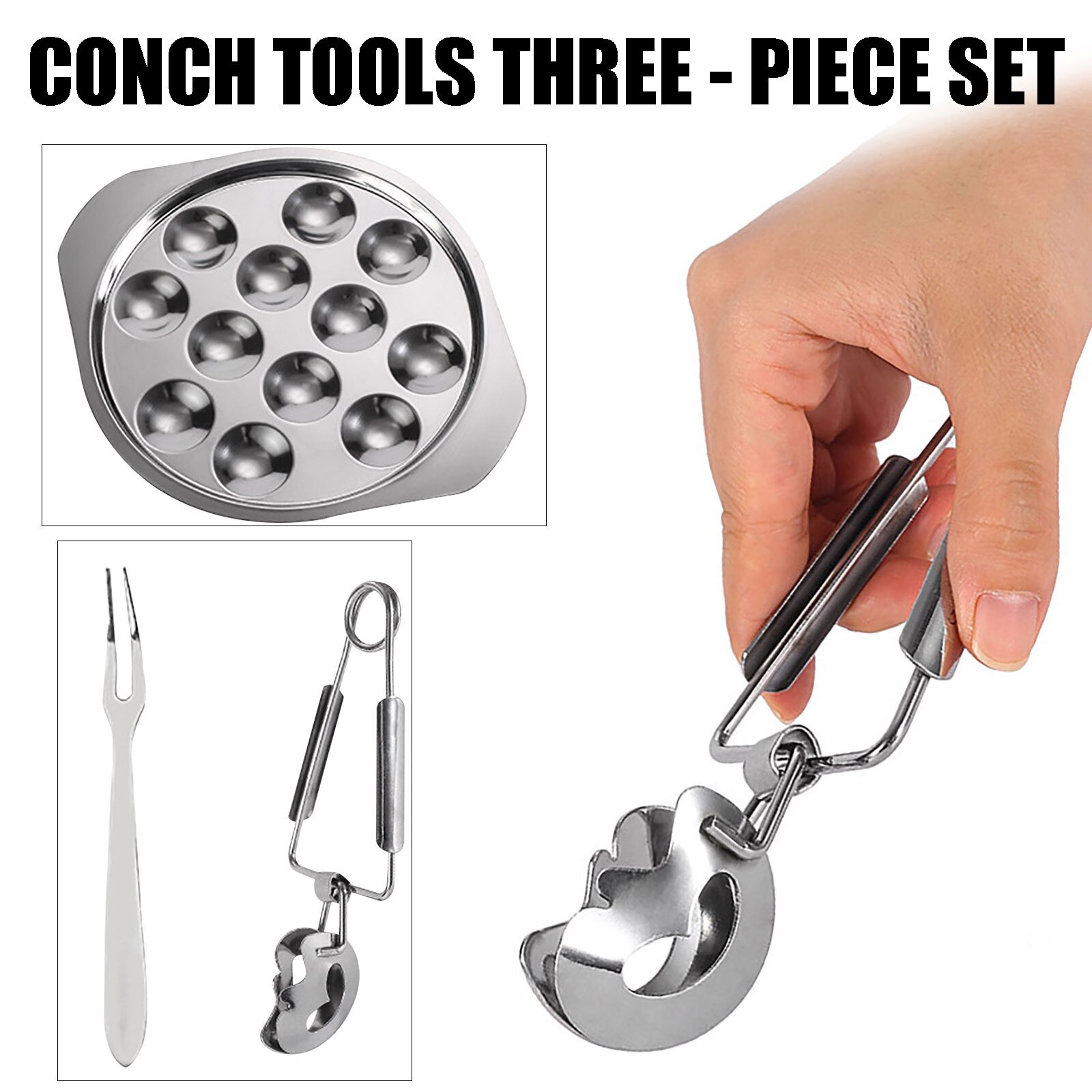 3PCS/ Set Snail Baking Dish Tools Kit Conch Shell Snail Cooking Board Stainless Steel Plate Tong Fork Cutlery Set Kitchen Gadget