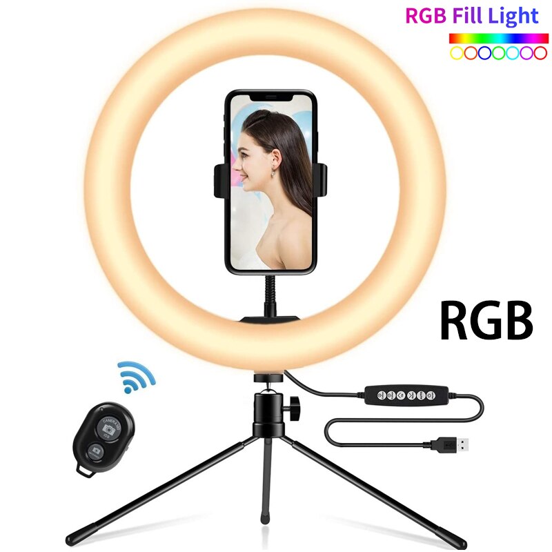 10 '' rgb selfie ring lys med stativ stander og telefonholder dæmpbar led bord cirkel lampe med 10 farver bærbare halo lys: Rgb