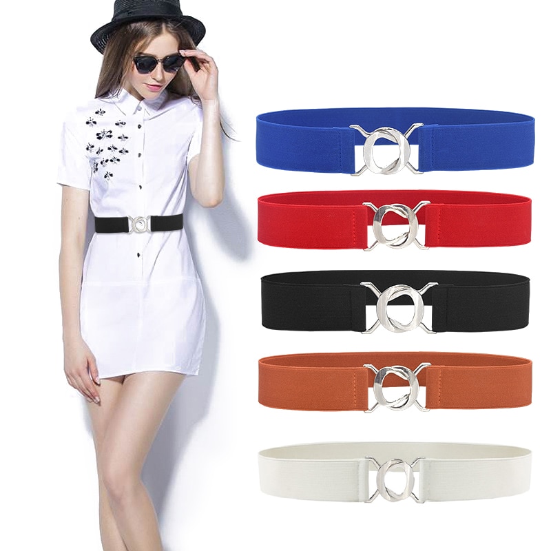 Elastic Wide Waist Belt Metal Buckle Ladies Dress Belt Solid Color Black Women Belts