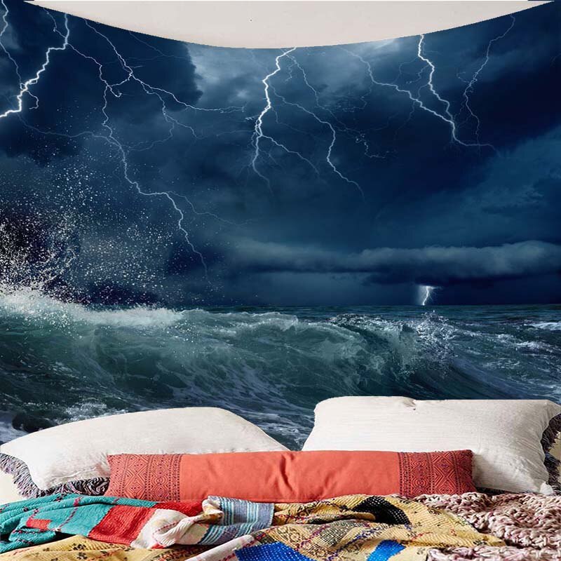 Tapiz decorativo para colgar en la pared, Ola de mar, trueno y relámpago impreso, decoración para el hogar, tapiz de pared con impresión para colgar en la Sala