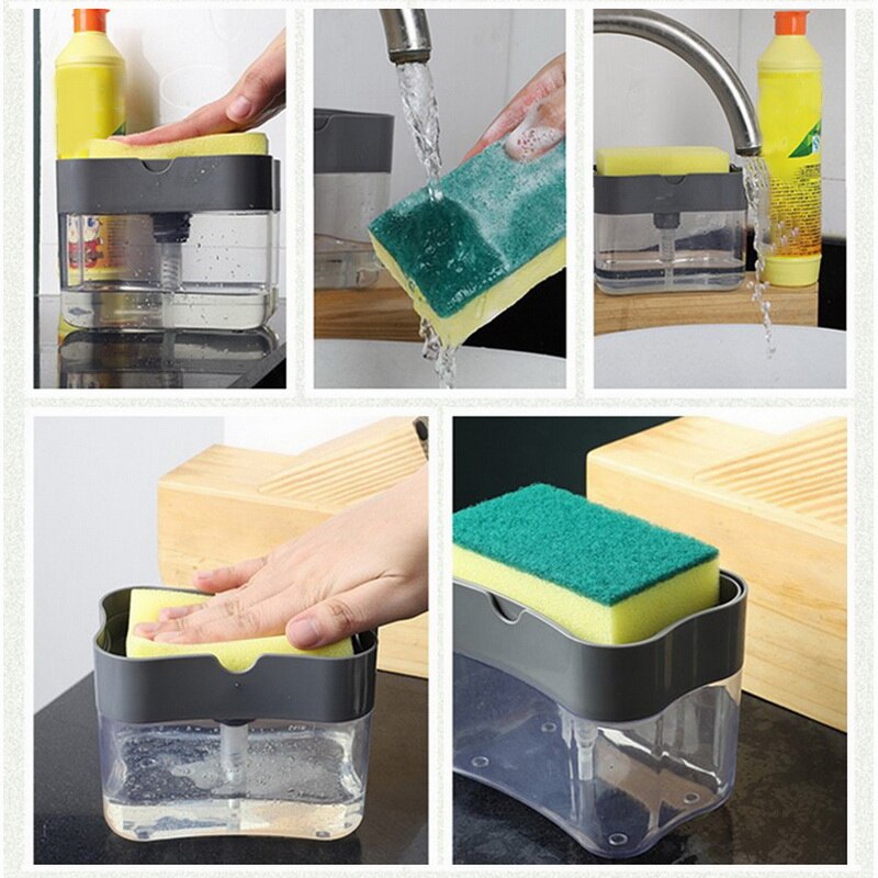 2-in-1 Soap Pump Dispenser With Sponge Holder Liquid Dispenser Container Hand Press Soap Organizer Kitchen Cleaner Tools