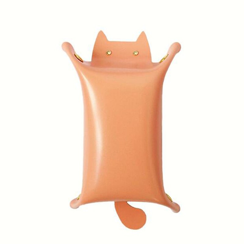 Portable Cat Shape Leather Storage Tray Key Desktop Jewelry Box Coin Makeup Tray Household Folding Tray Storage Box: pink