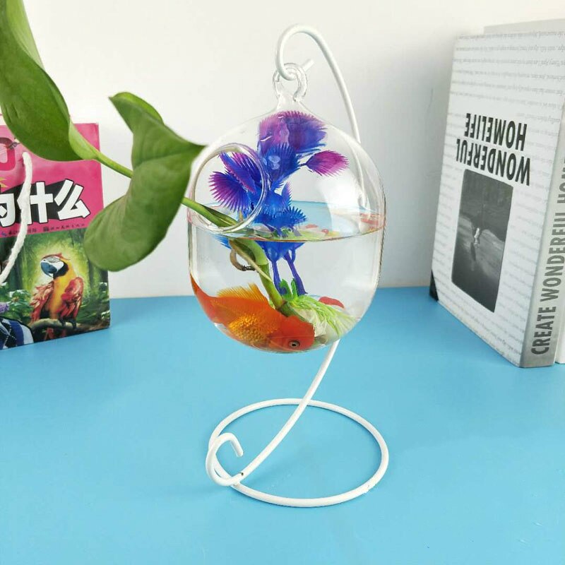 Desktop Hanging Glass Fish Tank Mini Aquatic Plants Vase Fish Tank Transparent Goldfish Tank Iron Support Aquarium