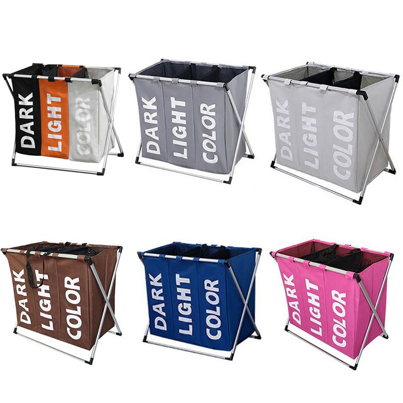 Deluxe Dirty Clothes Laundry Basket Bamboo Detachable Three Grid Home Waterproof Laundry Basket 3 sections