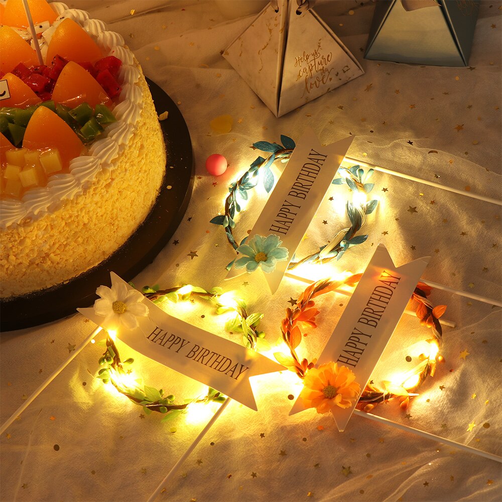 LED Cake Topper Glowing Artificial Garland Cake Topper For Happy Birthday Party Cake Decoration Flower Daisy Year