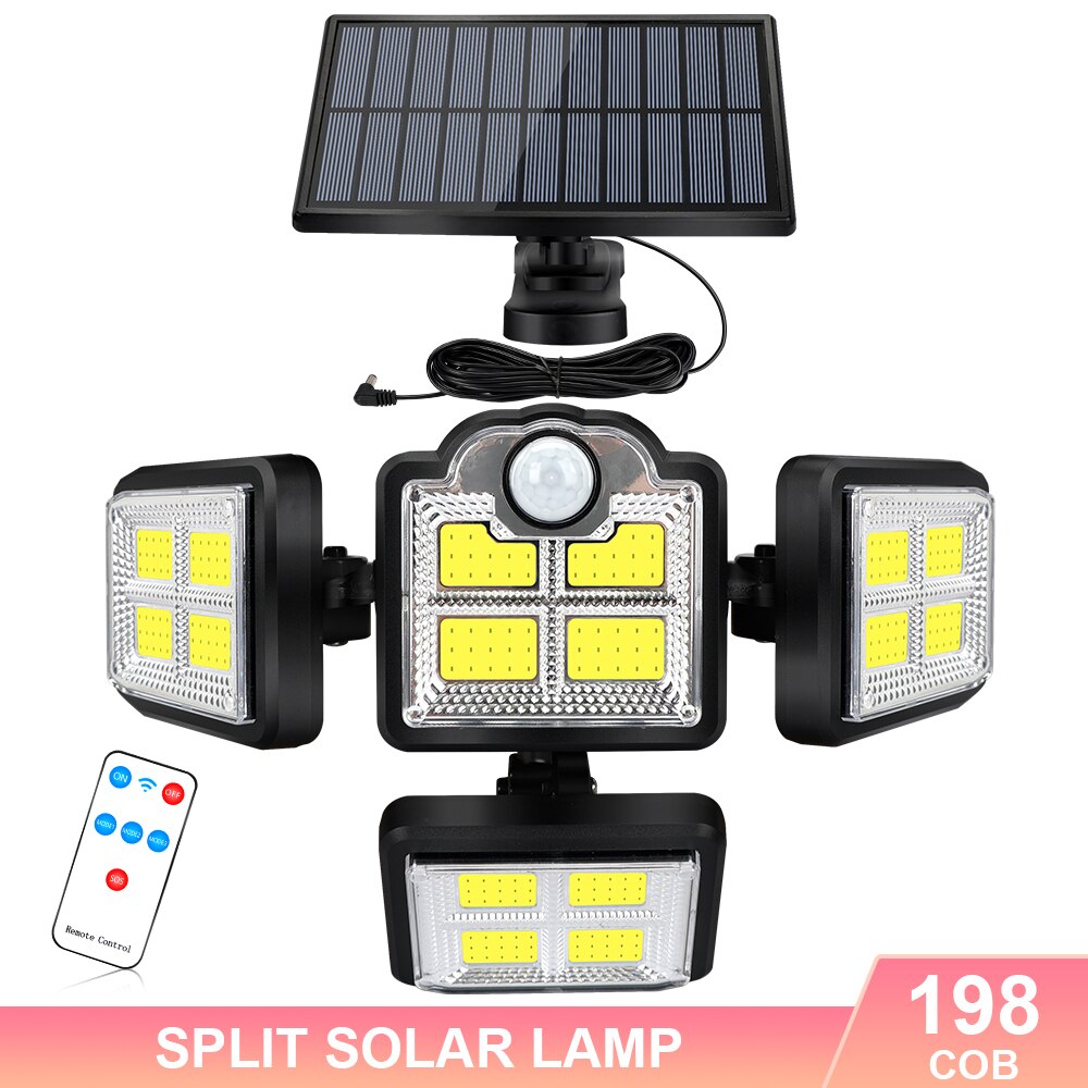 Panel słoneczny światło na czujnik ruchu 192/198LED ścienne lampa bezpieczeństwa 4 głowy zewnętrzne oświetlenie krajobrazu 3 tryby IP65 wodoodporna z Remot: 198COB-Separation / 1PCS