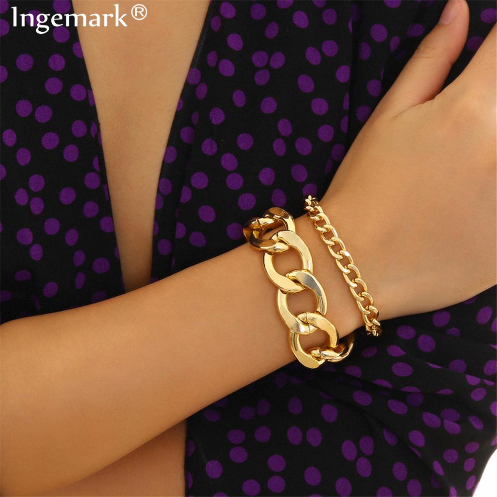 Ingemark 2 unids/set pulsera con cadena de serpiente de bloqueo, brazalete femenino, accesorio para Mujer, Punk, brazalete de cadena gruesa, joyería para parejas