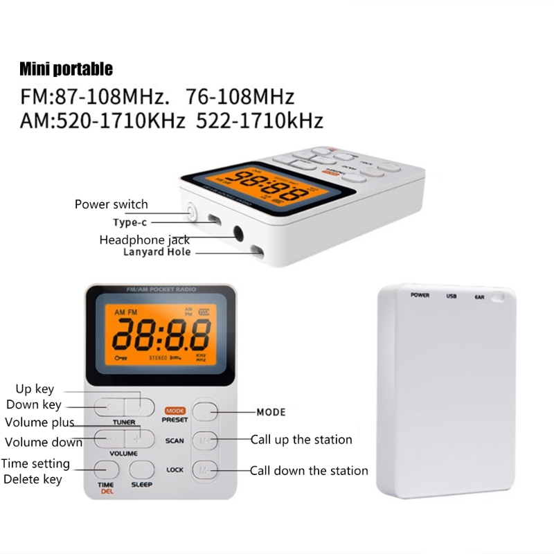 Radio portátil FM Radio con batería recargable con auricular Radio pequeña con LCD