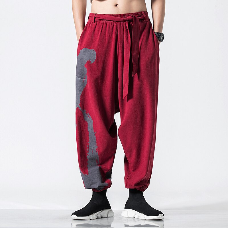 Men Casual Loose Pant Streetwear Male Elastic Waist Cotton Linen Print Harem Trousers Joggers Sweatpants Thailand Travel Clothes