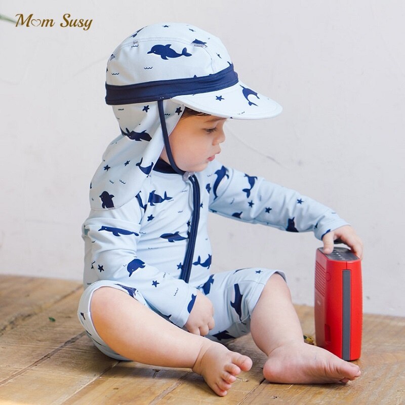 Zomer Baby Boy Meisje Badpak Een Stuk Cap Baby Peuter Kind Badmode Cartoon Rits Badpak Kid Zwemmen Kleding