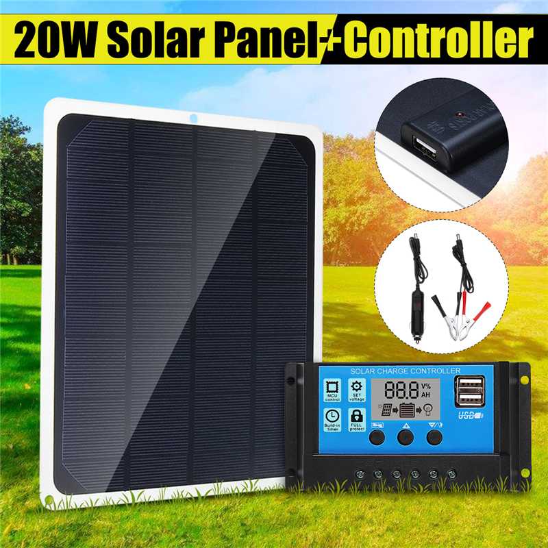 Solar Panel 20W 12V USB with Car Charger Crocodile clip + 10/20/30/40/50A USB Solar Charger Controller for Outdoor Camping