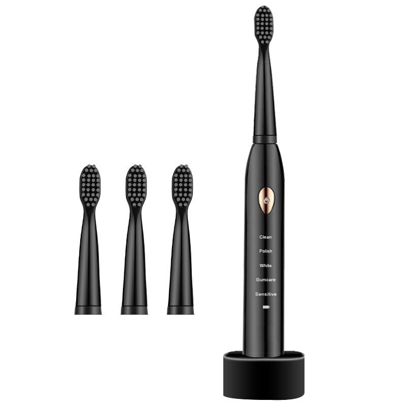 5 modalità Ad Ultrasuoni Spazzolino Da Denti Elettrico di base USB Ricaricabile Impermeabile Spazzolino Da Denti Elettrico con 4 Teste di Bursh Contenitore di Regalo: nero Base