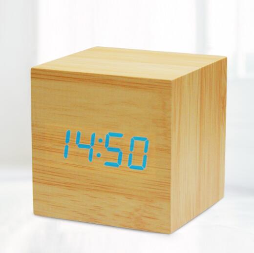 Digitale Thermometer Houten Wekker Alarm Datum Bureauklok Tafel USB Opladen Korte Voice-activated Elektronische Home Decor: yellow blue