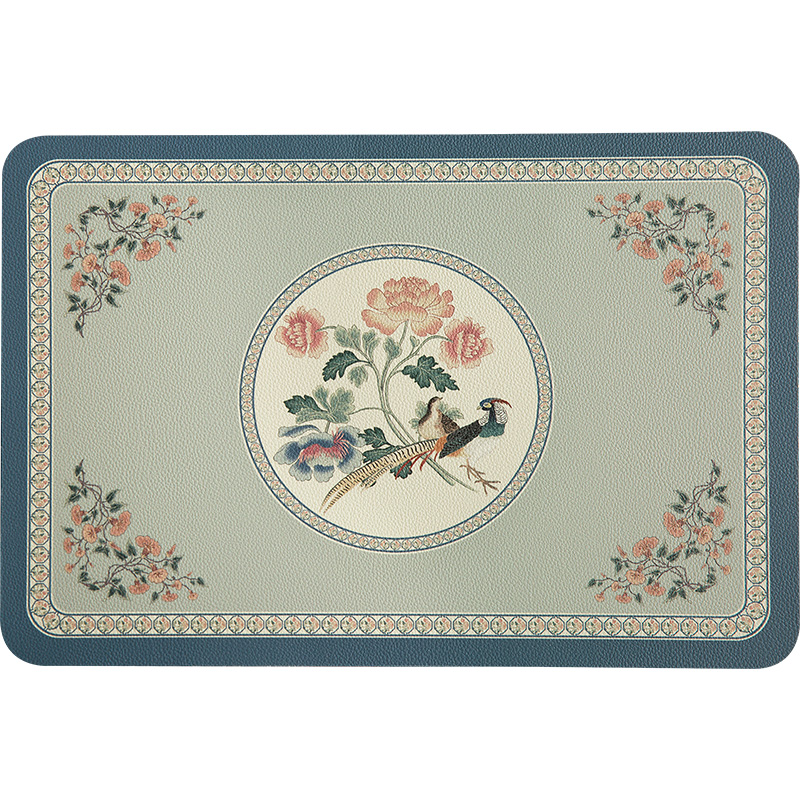 Heat Resistant Table Mats Set of 2, Hydrangea Faux Placemats, Floral Bird, Chinese Style, Digital Printing for Party Family: green