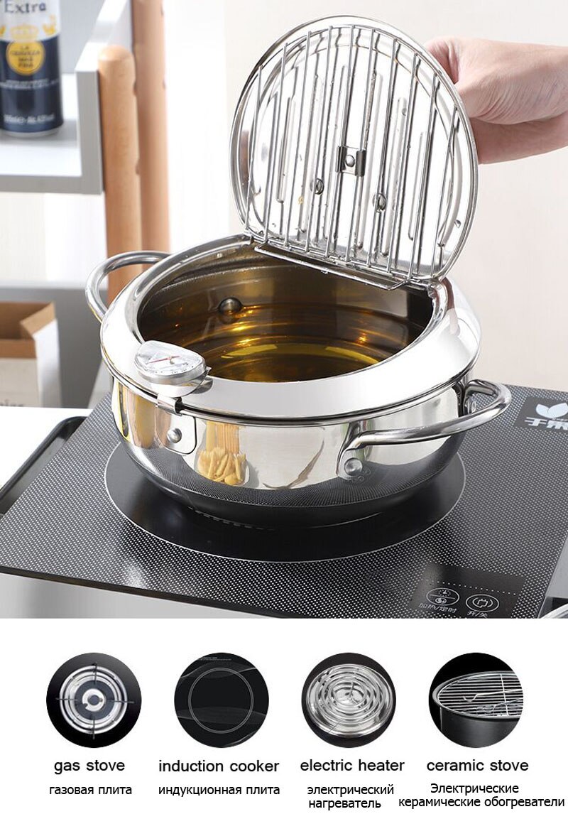 Japanese Deep Frying Pot with a Thermometer and a Lid 304 Stainless Steel Kitchen Tempura Fryer Pan 20cm