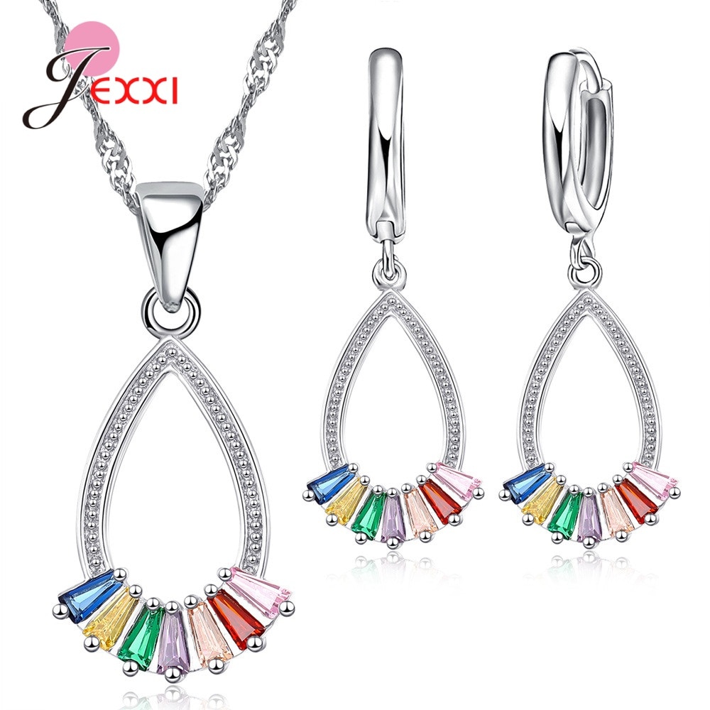 Trendy 925 sterling sølv vanddråbe farverige zirconia smykkesæt klare aaaa cubic zirconia vedhæng halskæde & øreringe