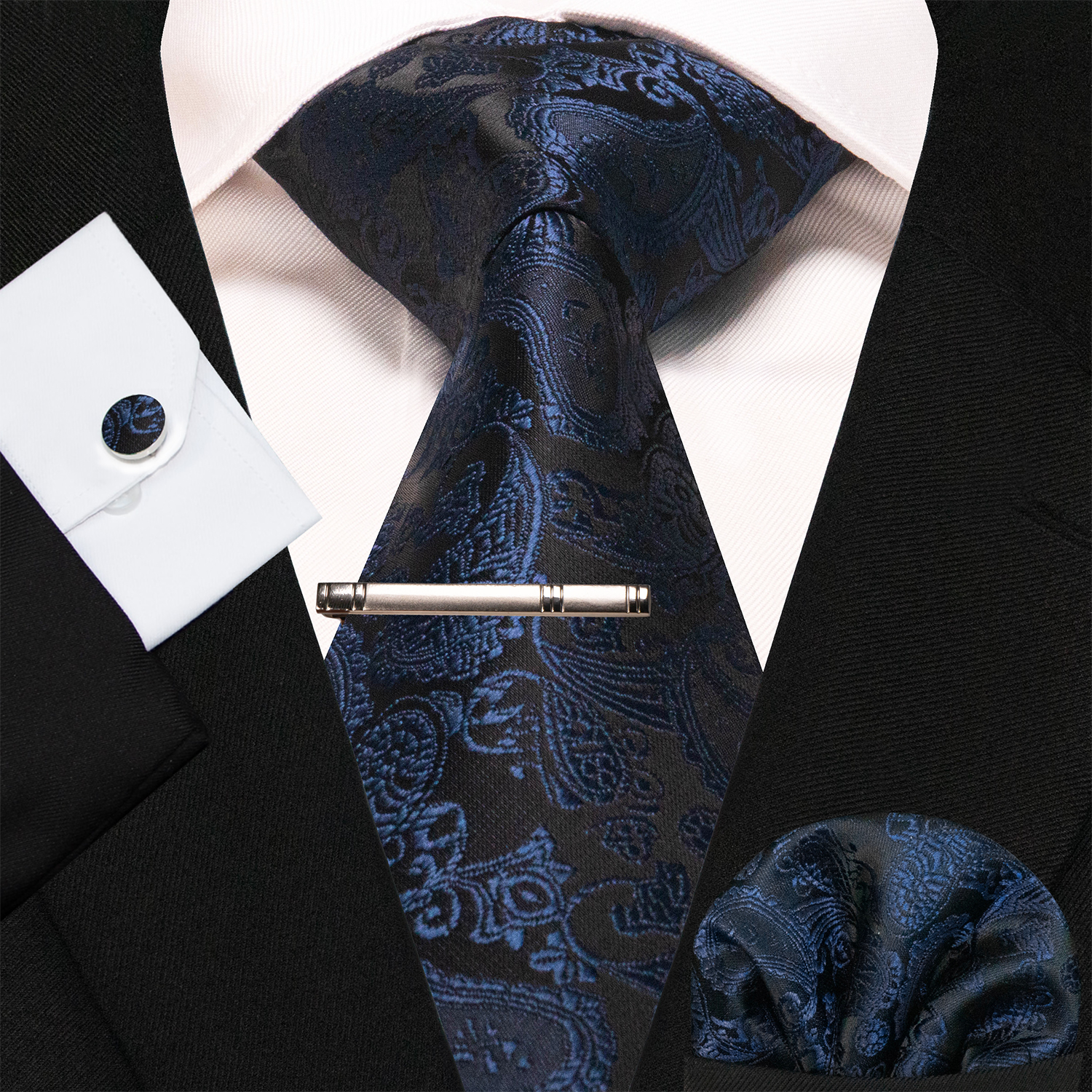 Corbatas de Cachemira azul y verde para hombre, corbata de seda de lujo de 8cm de ancho, gemelos cuadrados de bolsillo, conjunto de clips de corbata, de Navidad para hombre: Azul marino