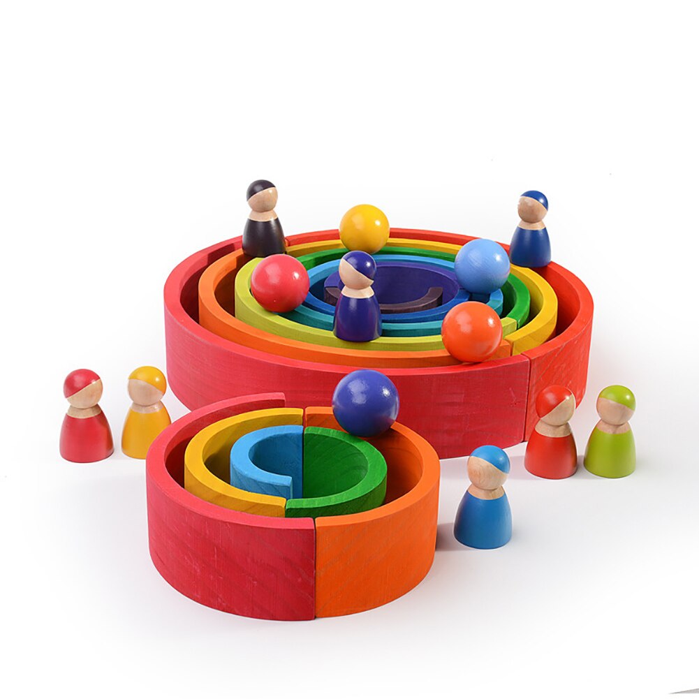12 Puzzles Wooden Rainbow Tunnel Stacker Nesting Sculpture Building Kids Toy