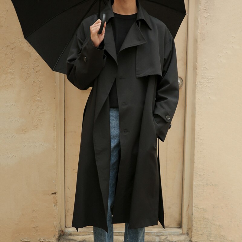 IEFB-abrigo largo medio holgado para hombre, gabardina con cinturón, doble botonadura, coreana, novedad primavera , 9Y5262: Black / XL