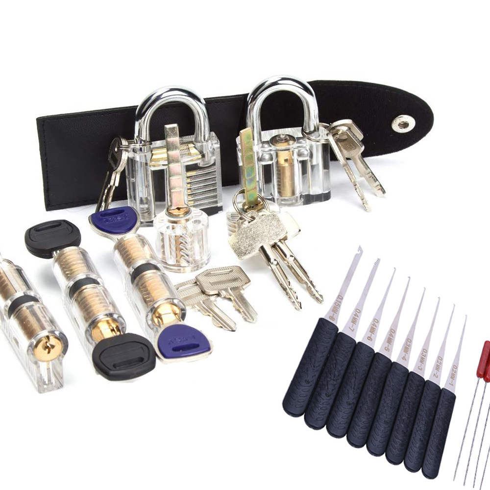 7pcs Transparent Locks with Broken Key PickTools,Black Bag Lock Set Best Lock Practice Pick Set for Locksmith Training