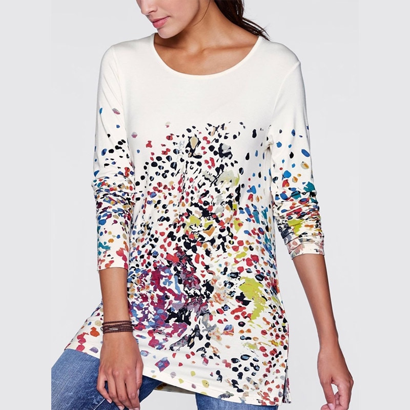 Forår efterår dame t-shirts bomuldshalvmåne print langærmede o-hals dame t-shirt europæiske amerikanske piger bt shirts