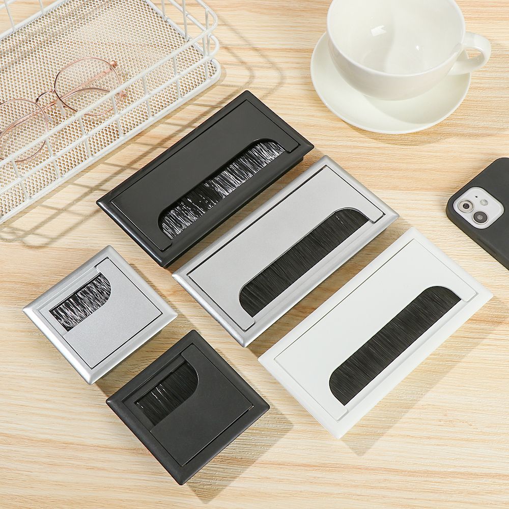 1Pcs Plastic Rechthoek Wire Kabel Houder Grommet Hole Cover Outlet Poort Met Zwarte Borstel Voor Pc Kantoor Tafel Bureau