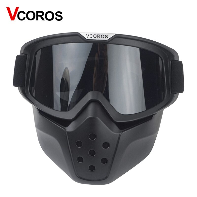Vcoros vintage aftagelige beskyttelsesbriller og mundfilter retro maske halvåbent ansigt motorcykel hjelme masker ski skøjte cosplay beskyttelsesbriller: Sort linse