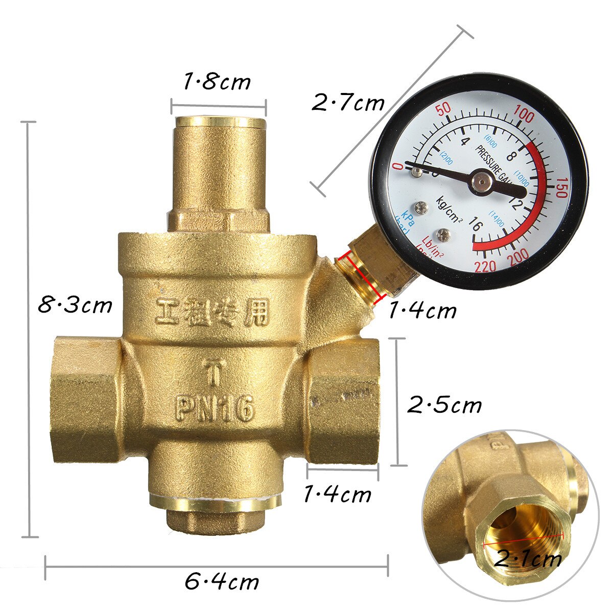 Water Pressure Regulator Adjustable DN15 NPT 1/2'' Reducer 8.3x6.4cm With Gauge Meter Brass Water Pressure PN 1.6 Valves