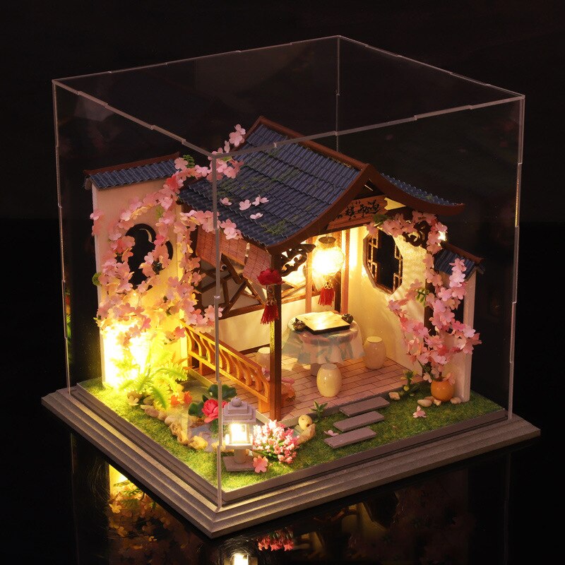 DIY Holz Puppe Haus Bausatz Montiert Miniatur Möbel mit Zubehör Chinesische Casa Licht Puppenhaus Spielzeug für Erwachsene Weihnachten: C mit Staub Startseite