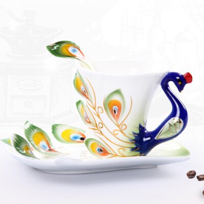 Ensemble de tasses à café paon en porcelaine émaillé 3D, artisanal à la main, avec soucoupe et cuillère, en céramique, tasse à thé et à eau: 230ml / green