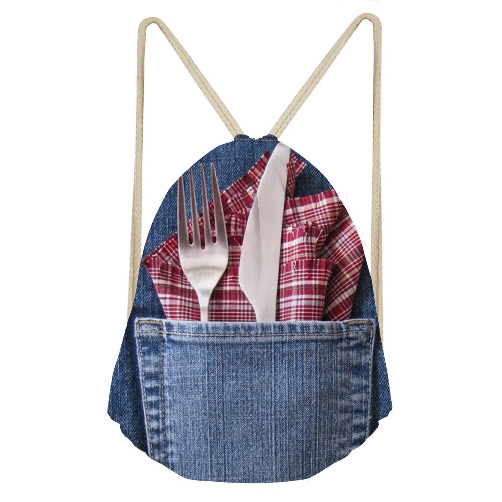 Noisydesigns Retro Women Shoes Bag Denim Print Drawstring Bag Women Backpack For Teenagers bag beach Rope Drawstring Sling Bag: T1004Z3