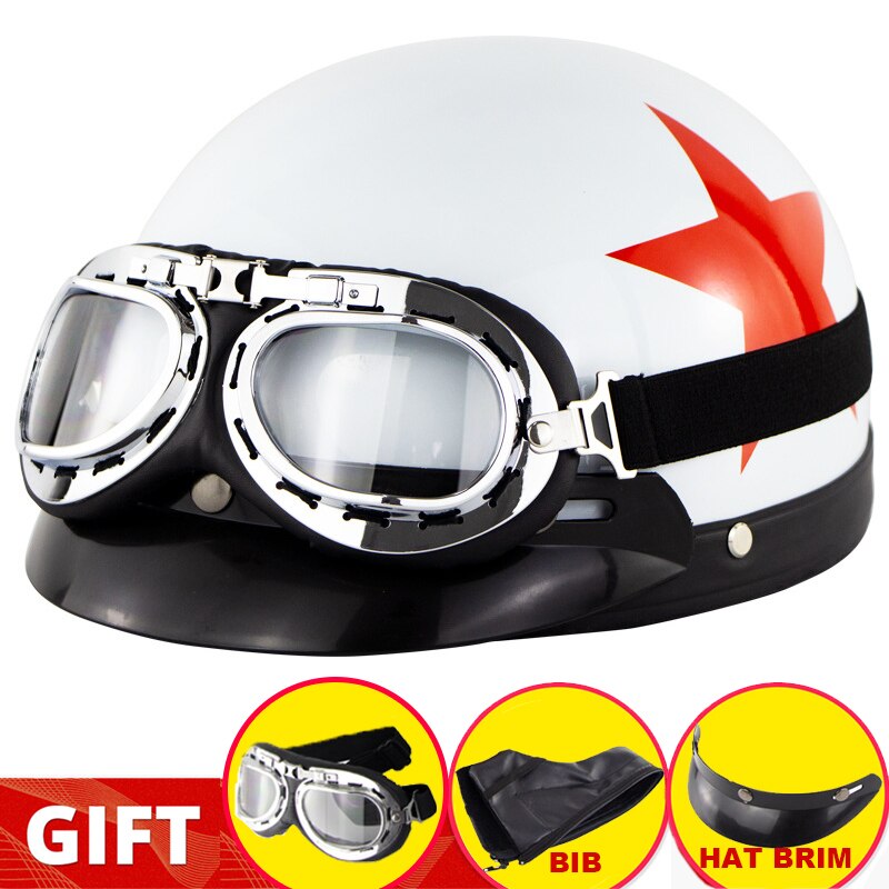 Retro Motorcycle Half Helmet Riding Vintage Cruiser Touring Half Helmets Moto Bicycle Scooter Skating Baseball Cap with Goggles: White Red